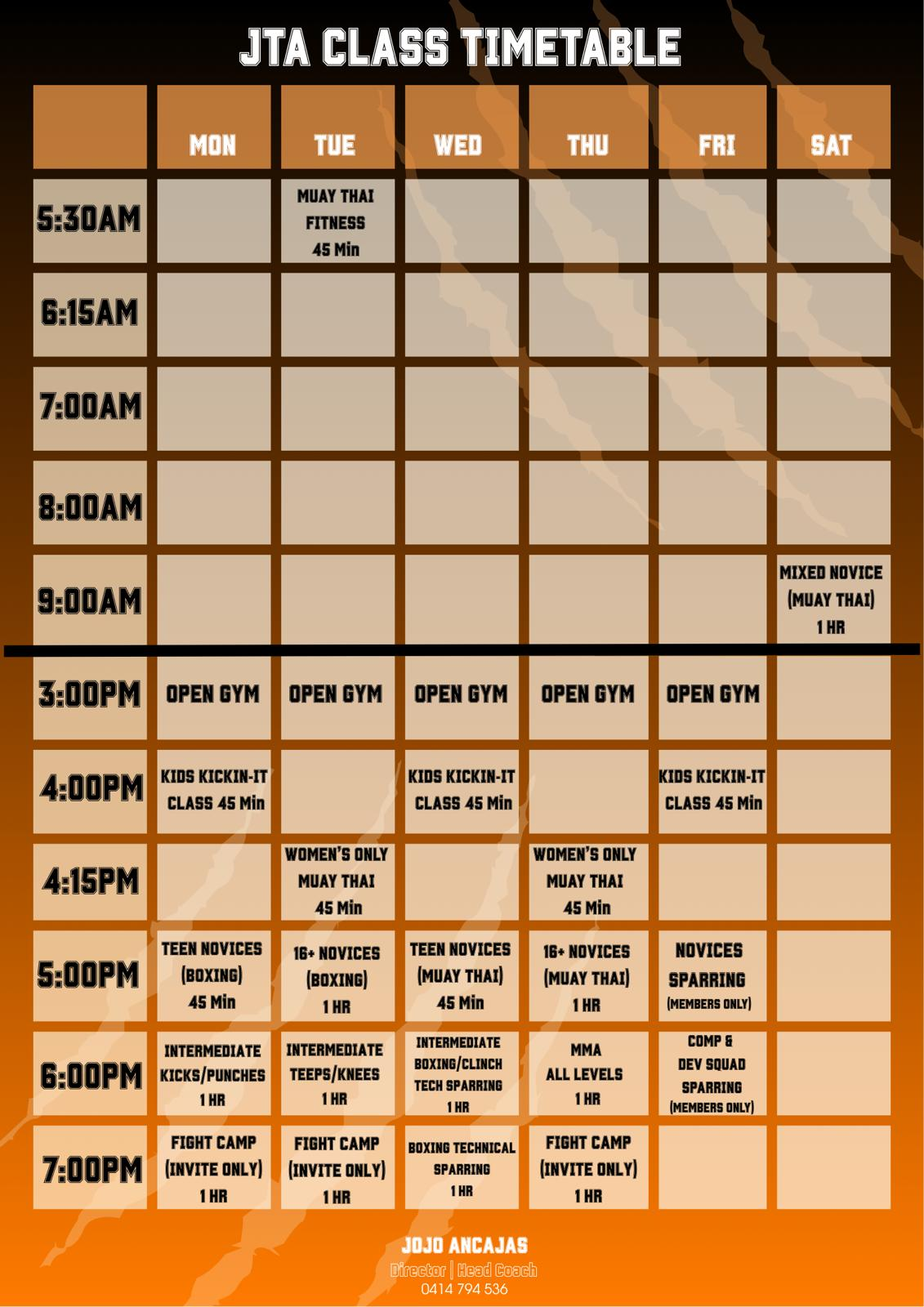 JTA weekly class timetable